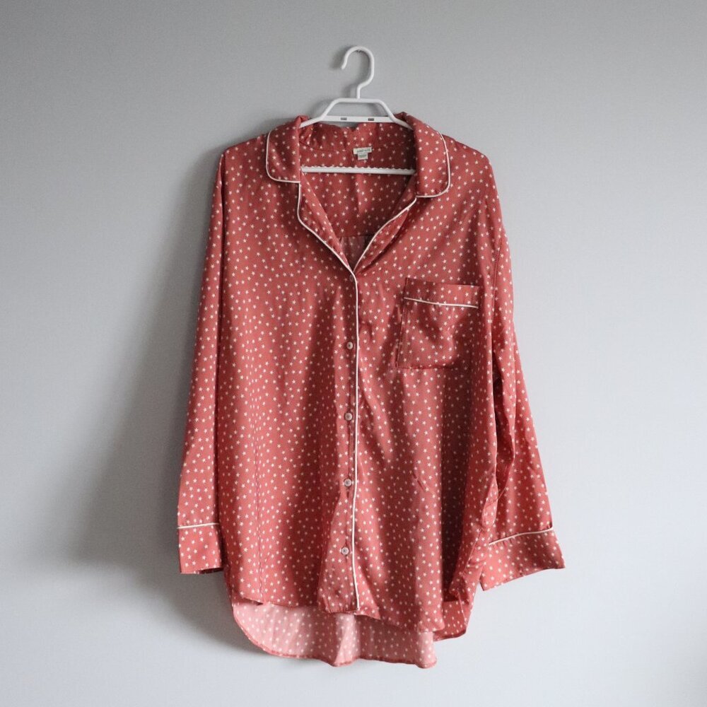 Aerie Women's Sz XXL Pink Buttoned Satin Stars‎ Collared V-Neck Pajama Sleepwear